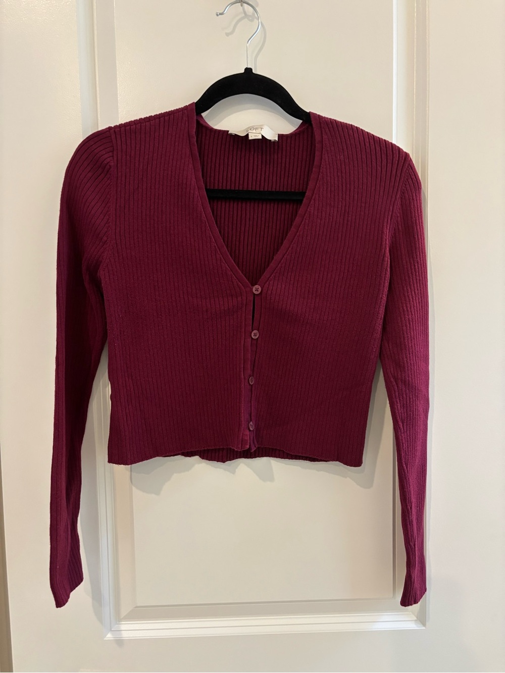 LOFT Ribbed V-Neck Cardigan Top in “Magical Plum”